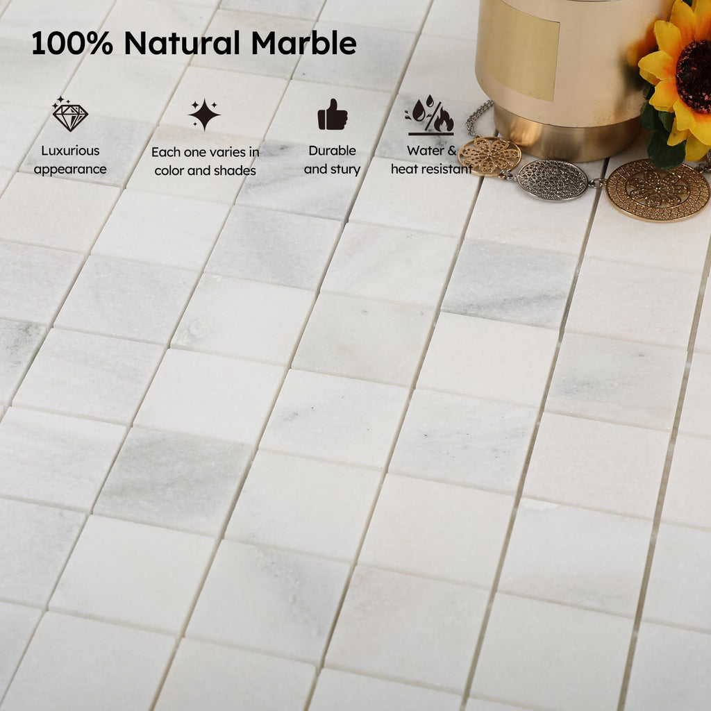Natural Marble Mosaic Tile, 2x2 Inch Square, Honed, Pollen Thassos Marble Backsplash Tiles Bathroom Wall Floor, Pack