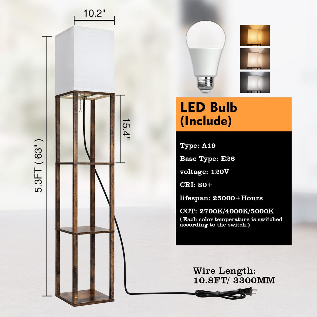 Floor Lamp with Shelves, Modern Shelf Lamp for Display Storage, 3 Color Temperature Wood Narrow Standing Corner Lamp