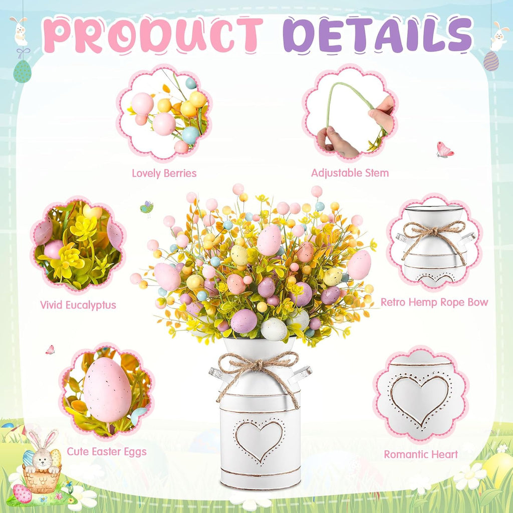 Easter Table Centerpieces Decoration Include 5 Easter Egg Artificial Floral Bunches Stem with Vintage Metal - Set of 6