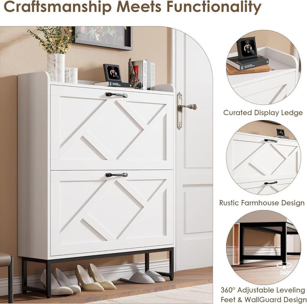 Shoe Storage Cabinet with 2 Flip Drawers, Freestanding Shoe Organizer, Shoe Cabinet with Metal Legs, Narrow Shoe Rack