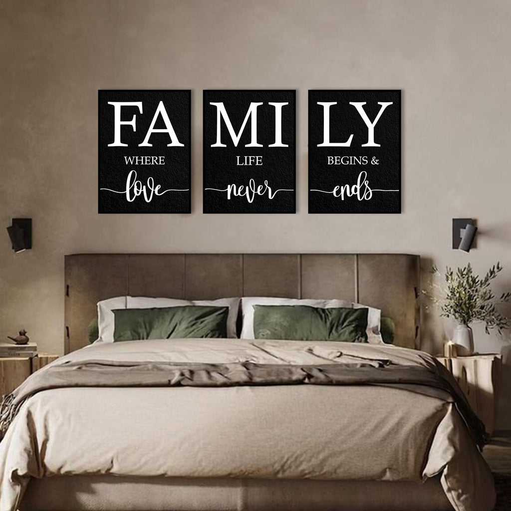 Family Where Life Begins And Love Never Ends Wall Art: 3 Piece Family Quotes Wall Art Prints Framed 12"x16", Love