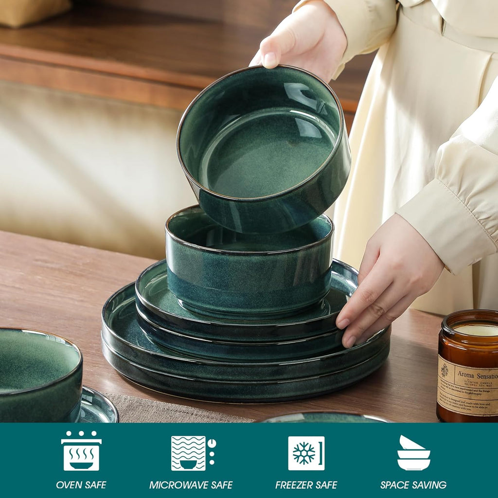 Starry Plates and Bowls Sets for 8, 24 Pieces Green Dinnerware SetsModern Stoneware Dishes Set