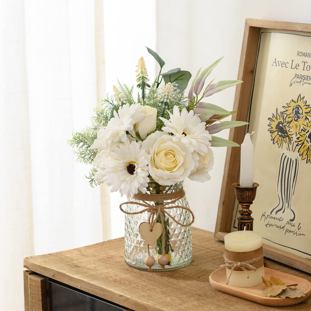 Artificial White Flowers with Vase, Fake Flowers Arrangement Decor, Faux Flowers for Farmhouse Coffee Table Decor