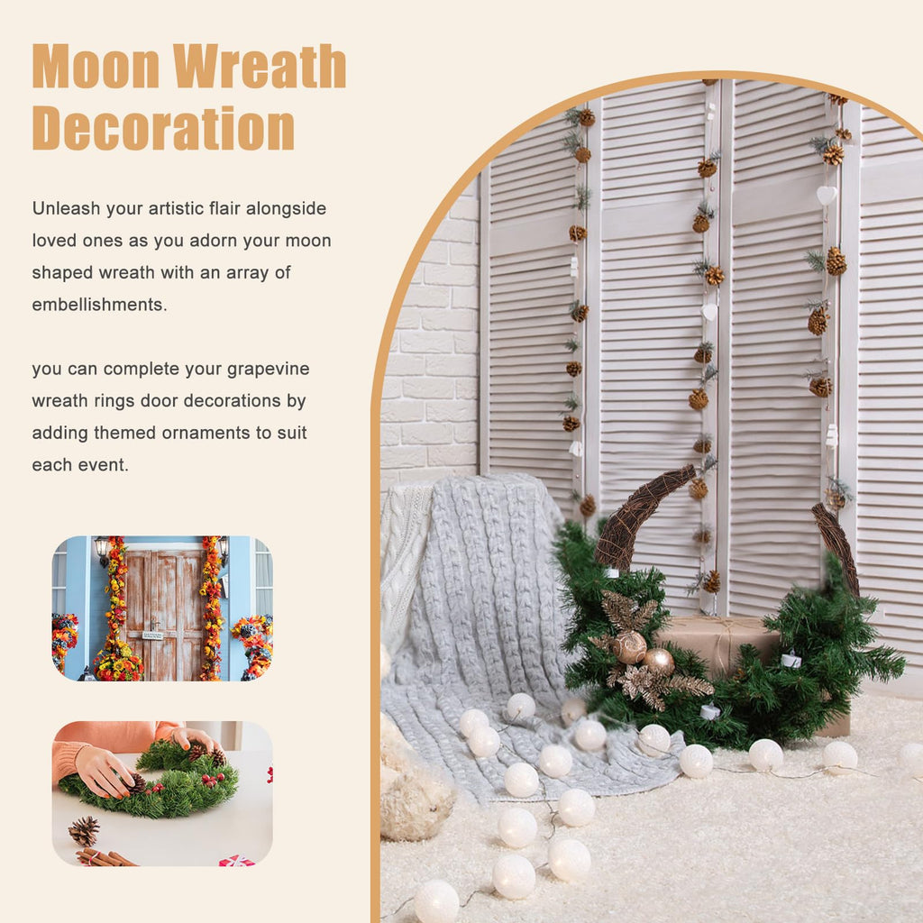 14 Inch Crescent Moon Wreath Base, Natural Grapevine Wreaths, 3 Pack