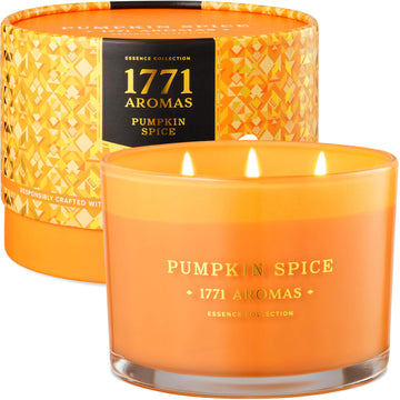 Pumpkin Spice Scented Candle - Aromatherapy Fall Candles - 100% Natural Soy Wax - Large 3 Wick Jar - Up to 40 Hours