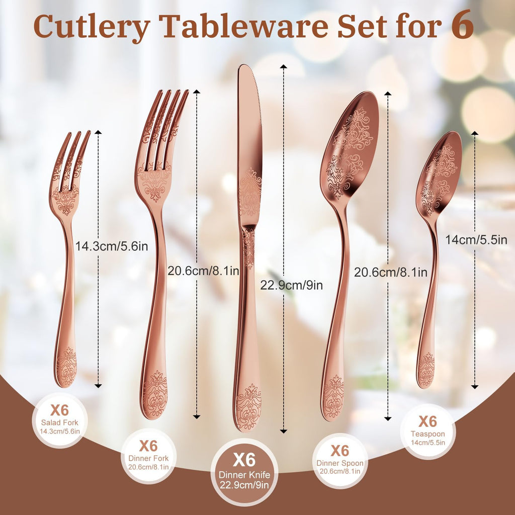 30-Piece Stainless Steel Silverware Set, Elegant Floral Engraved Cutlery Flatware Set for 6, Durable Tableware