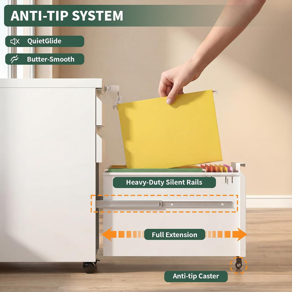 Small File Cabinet ,Metal Mobile Filing Cabinet | Fully Assembled,Under Desk,Rolling,Central Locking System,3