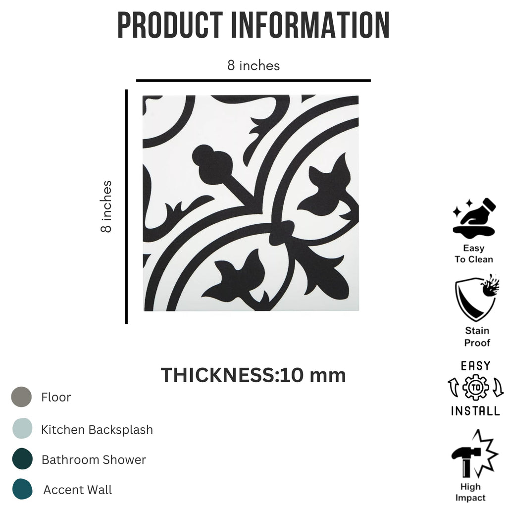 Noir Vine 8" x 8" Black and White Matte Porcelain Tile for Floor and Wall, Spanish Decorative Pattern, Indoor Outdoor