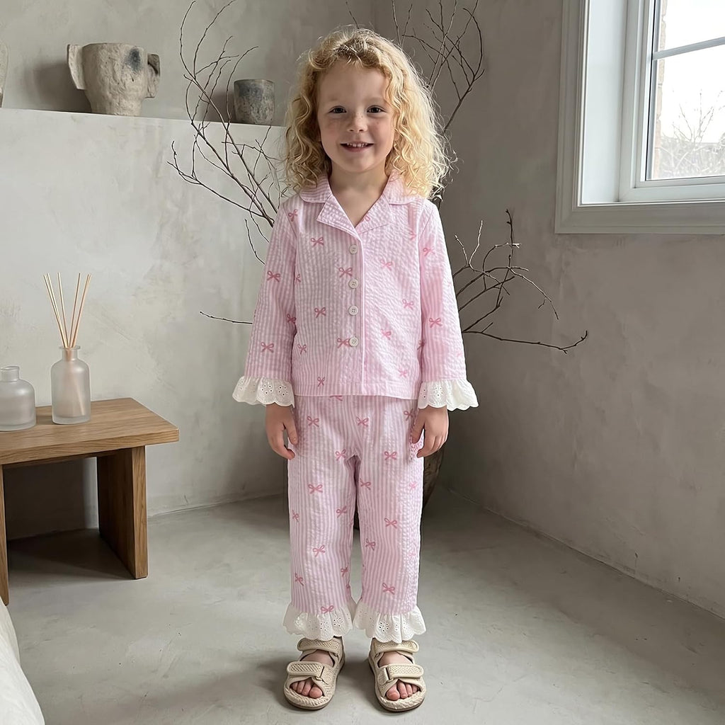 Baby Girl Pajamas Set Bow Long Sleeve Button Down Shirt Top Pants Kids Toddler Two Piece Pjs Set Sleepwear Fall Winter