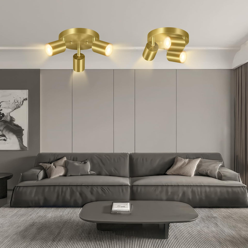 3 Light Track Lighting Fixtures Ceiling, Gold Round Directional Ceiling Spotlight, GU10 Flush Mount Track Fixture