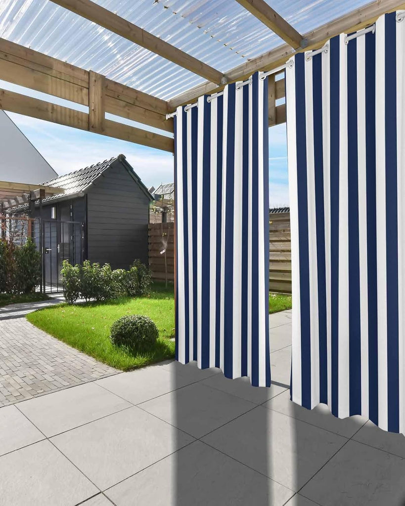Navy Blue Stripe Outdoor Curtain 108 Inches Long Weighted Bottom Privacy,Deck Porch Gazebo Pergola Balcony Drape