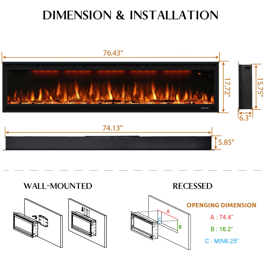 74 inch Electric Fireplace, Smart Fireplace Insert recessed in Wall and Wall Mounted fire Place Heater with Metal