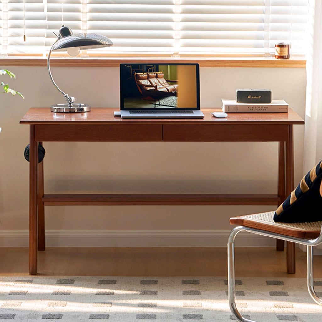 100% Solid Rubber Wood Desk Home Office Desk Mid Century Modern Writing Computer Desk with Drawer 47"
