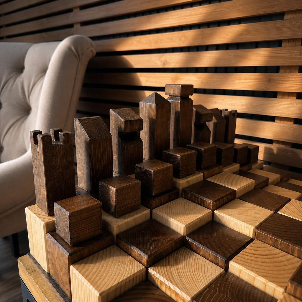 Handmade Wooden Chess Set 40x40 cm, 3D City Skyline Chess Board with Architectural Chess Pieces, Rustic Wood Strategy
