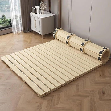 Folding Solid Wood Bed Frame, Foldable Japanese Floor Tatami Bed Frame, Wooden Roll-Type Slatted Floor Beds, Guest