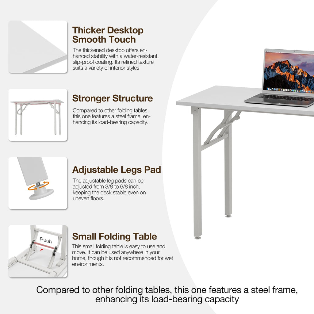 Long Computer Desk Folding Table - 55.1" Foldable Office Desk, No Assembly, Perfect Writing Table, Portable Large