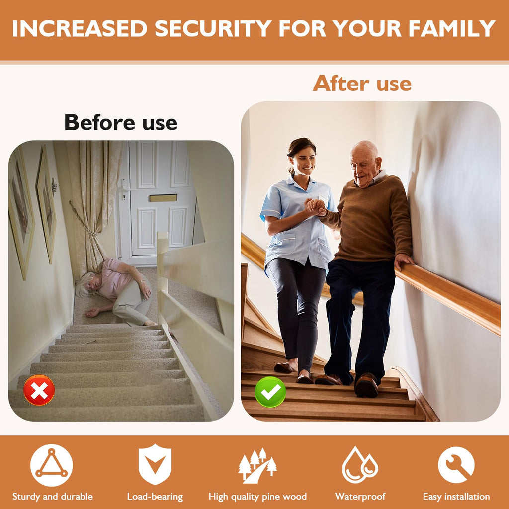 2FT Solid Wood Stair Handrail for Indoor Stairs, Outdoors Stair Railings, Sturdy Wall Mounted Non-Slip Safety Design