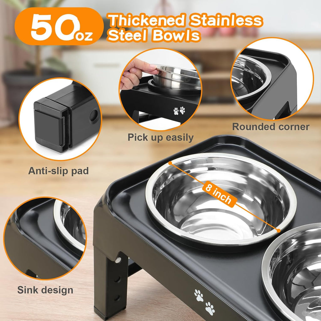 Elevated Dog Bowls, 4 Height Adjustable Raised Bowl Stand with 2 Thick 50oz Stainless Steel Food Bowls Non-Slip