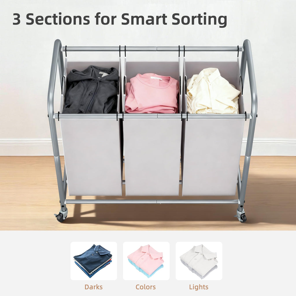 3 Section Laundry Sorter, Laundry Hamper with Wheels, Gray
