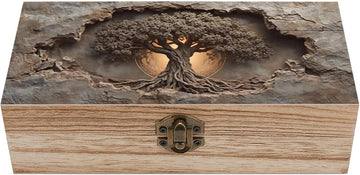 Tree of Life Rustic Wooden Jewelry Box with Hinged Lid - Vintage Natural Wood Keepsake Trinket Storage Organizer Gift