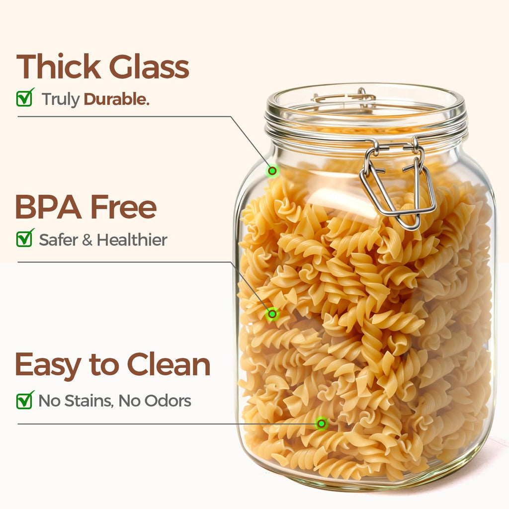 Square Glass Jars with Airtight Lids 51 oz 3 Pack Wide Mouth