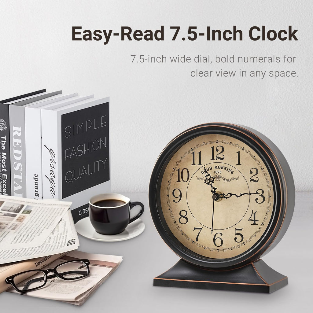 7-Inch Retro Mantel Desk Clocks, Silent Vintage Table Clock with All Metal Frame, Easy to Read Larege Retro Mantel