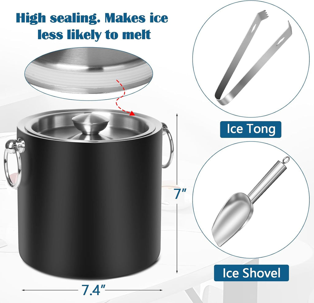 Ice Bucket with Lid & Tong- Well Made Insulated Stainless Steel Keep Ice Frozen Longer