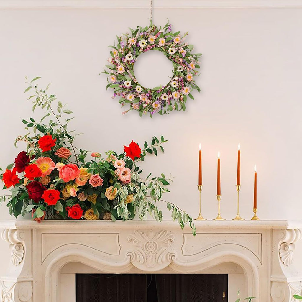 24 Inch Spring Summer Wreath for Front Door, Artificial Daisy & Lavender Flower Wreath with Eucalyptus Greenery
