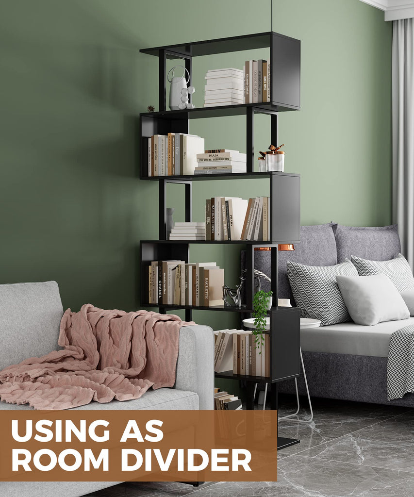 6 Tier Geometric Bookcase, Black Book Shelves, Modern Corner Bookcase Storage Shelf Wood, Black