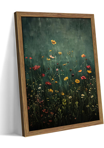 Wildflower Field Framed Wall Art, Vintage Botanical Flower Wall Decor, Modern Farmhouse Floral Canvas Art, Green
