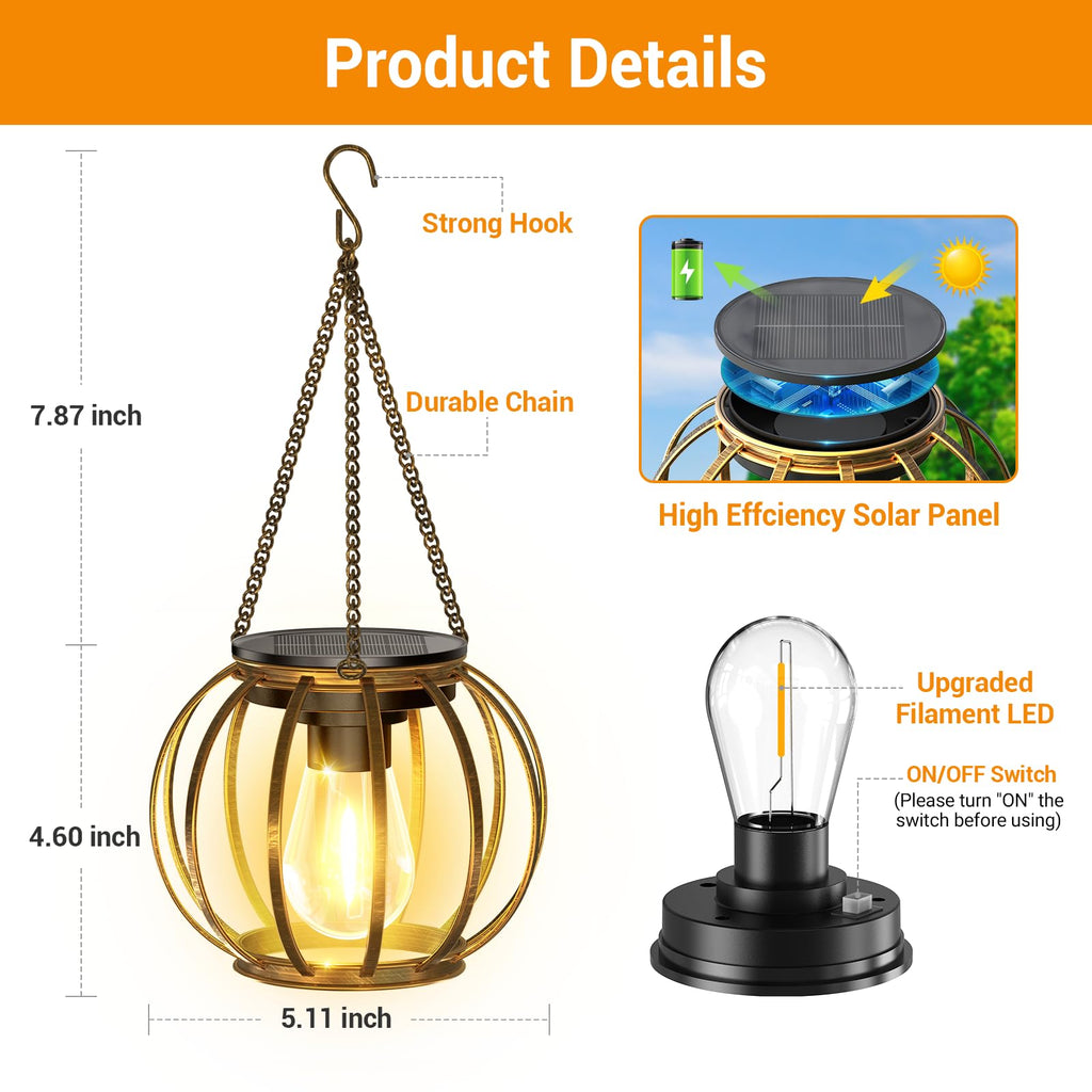 Solar Lanterns Outdoor Waterproof, 4 Pack Upgraded Bronze Metal Hanging Solar Lights Outdoor Lanterns, Brighter Auto