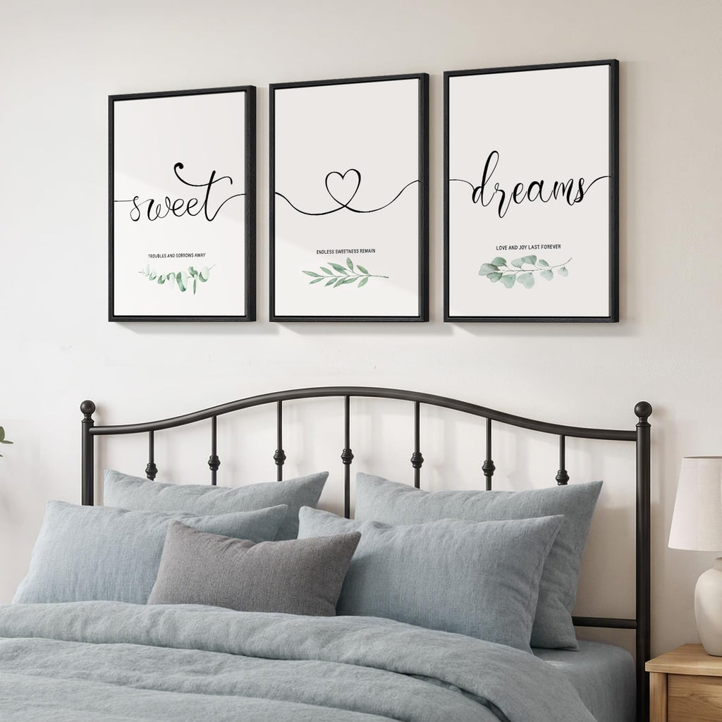 Framed 3 Piece Sweet Dreams Minimalist Canvas Wall Art Bedroom, 16x24 Inch