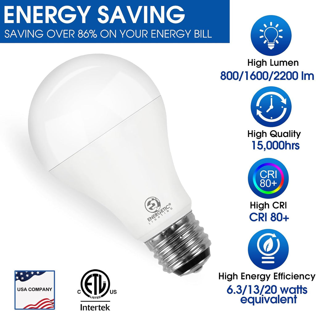 Super Bright 50/100/150W 3-Way A21 LED Light Bulb, 800/1600/2200 Lumens, 5000K Daylight, Non-dimmable, E26 Base, ETL