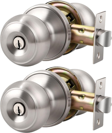 2 Pack Brushed Nickel Door Knob with Lock and Key, Keyed Alike, Exterior Keyed Door Knobs Lock with Same Keys in