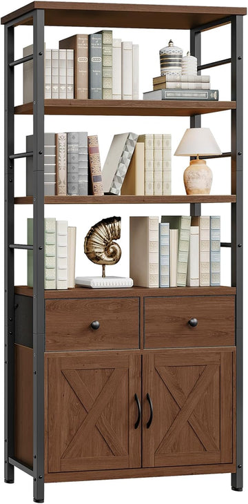 Bookshelf with Doors, Rustic Bookshelf with Drawers, Industrial Display Standing Shelf Units