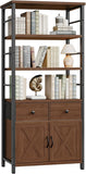 Bookshelf with Doors, Rustic Bookshelf with Drawers, Industrial Display Standing Shelf Units