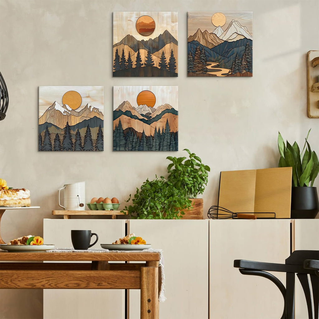 Boho Mountain Wall Art Mid Century Modern Decor Sunset Forest Landscape Canvas Prints Abstract Pine Trees Wall
