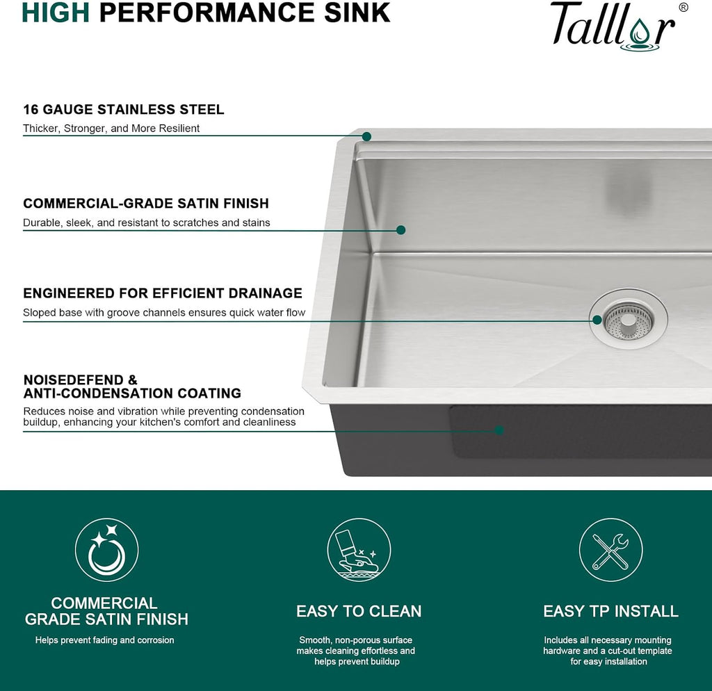 32 Undermount Kitchen Sink 16 Gauge 304 Stainless Steel Single Bowl Multifunctional 32x19 Undermount Workstation Sink