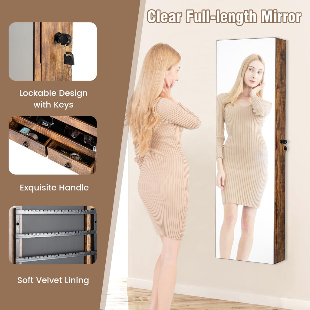 Wall Door Jewelry Armoire, 47.5" H Full Length Mirrored Jewelry Cabinet with 2 LED Lights and 2 Drawers, Lockable