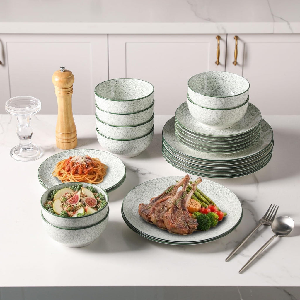 Dinnerware Set of 4,12 Piece Ceramic Plates and Bowls Set Green
