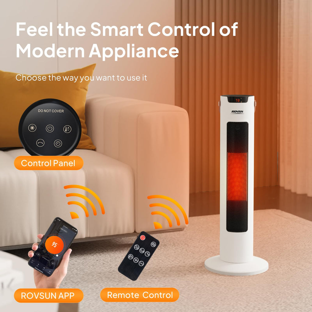 24IN Electric Space Heater w/Remote & APP Control, 1500W Portable Tower Heater w/Oscillating for Indoor Use, Timer