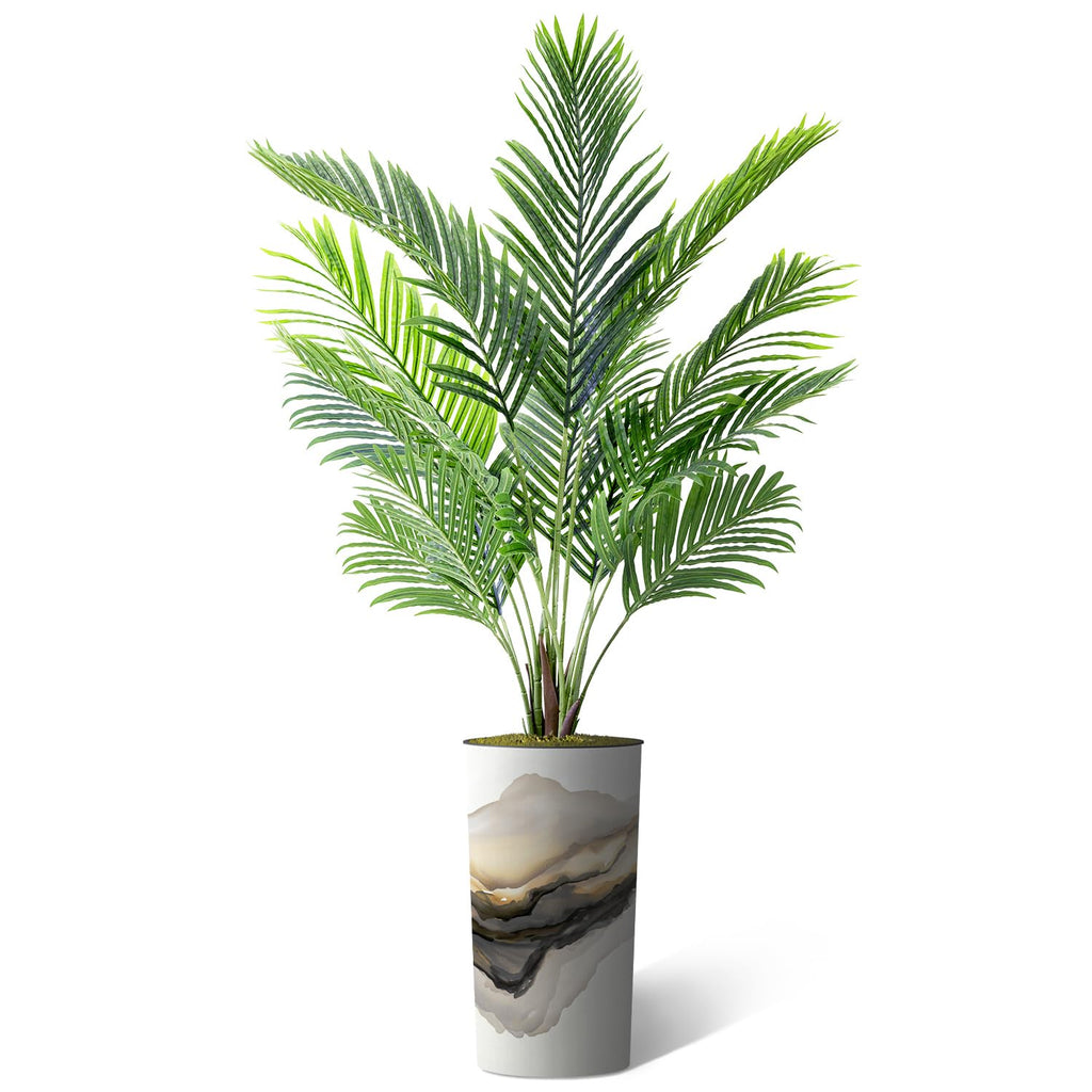 Artificial Tree in Flowing Black & White Smoke Abstract Shapes Planter, Fake Areca Tropical Palm Silk Tree for Indoor