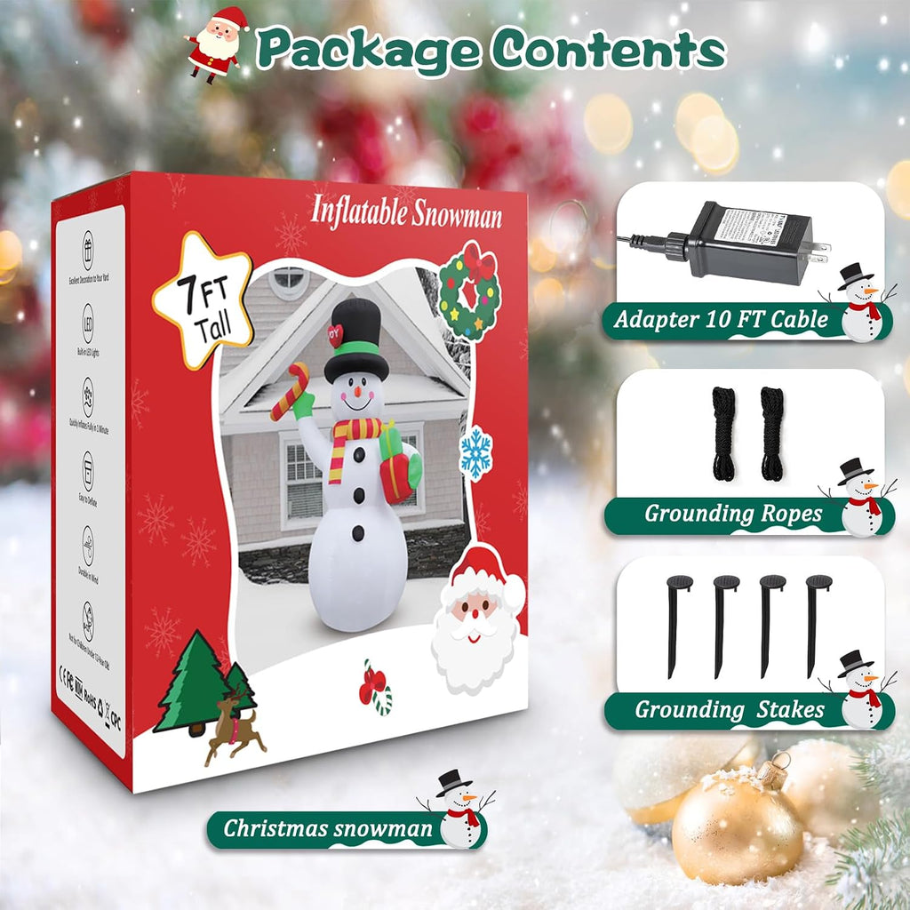 7 FT Christmas Inflatable Snowman Outdoor Decoration, Giant Blow up Snowman Holds Candy and Gift Boxes, Built-in
