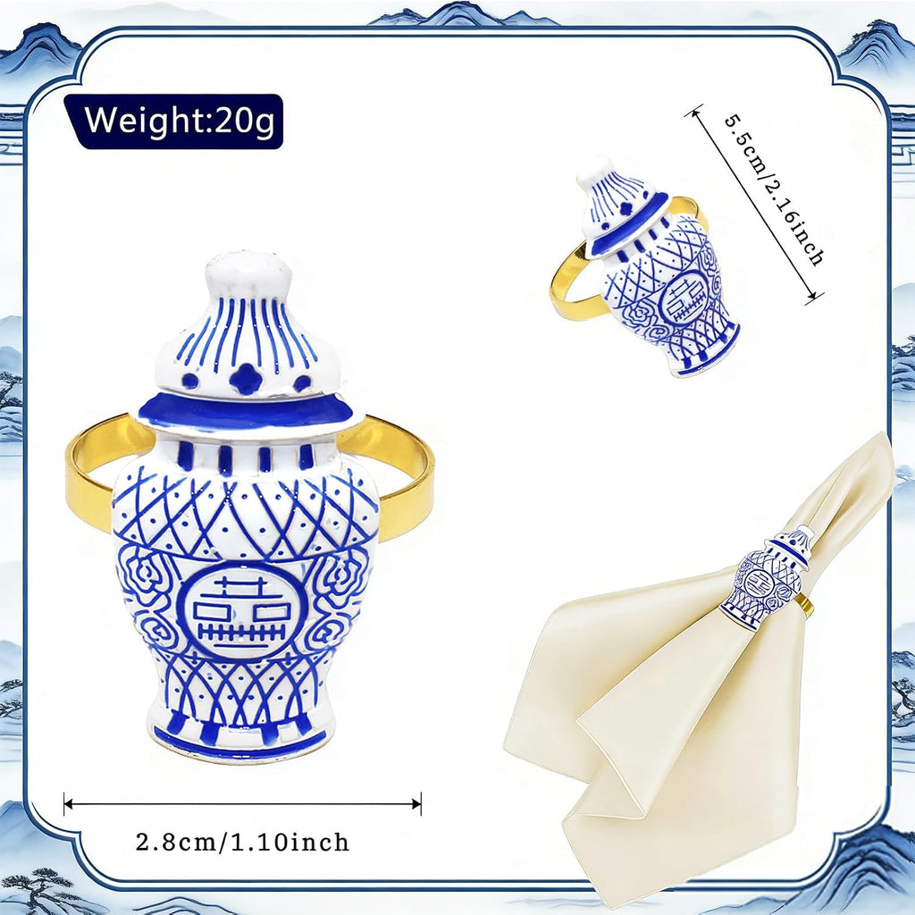 Blue White Porcelain Napkin Rings Vintage Chinoiserie Napkin Ring for Asian Christmas New Year Party - Set of 6