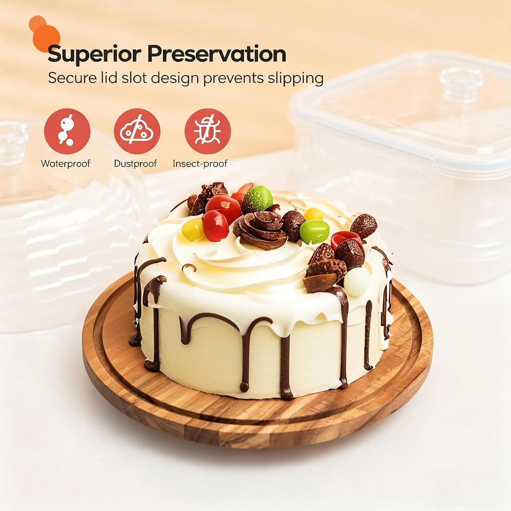 Cake Stand with Lid, 10.8'' Shatterproof Acrylic Dome (Not Glass), 11.8'' Rotating Acacia Wood Cake Display Stand