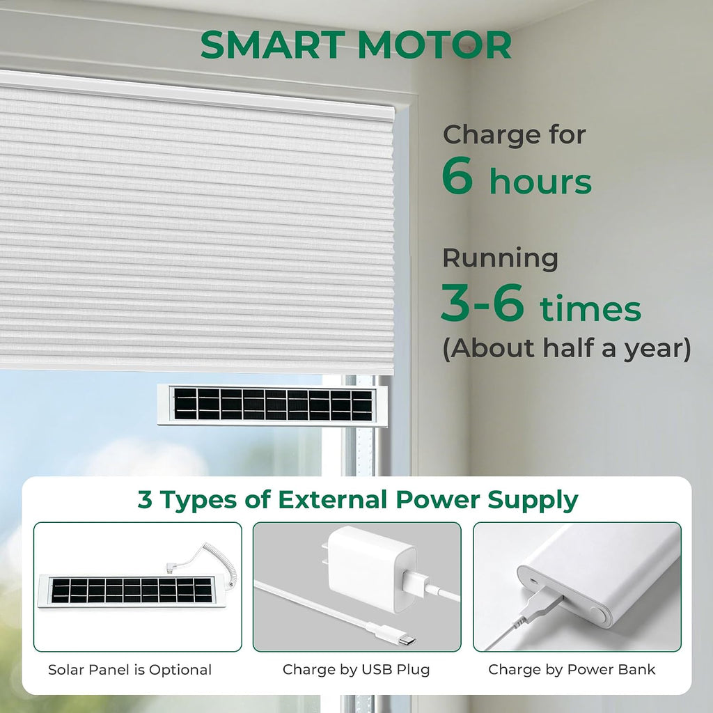 Motorized Cellular Shades No Drill with Remote,White, | Easy-to-Install Honeycomb Blinds with Voice Control,Solar