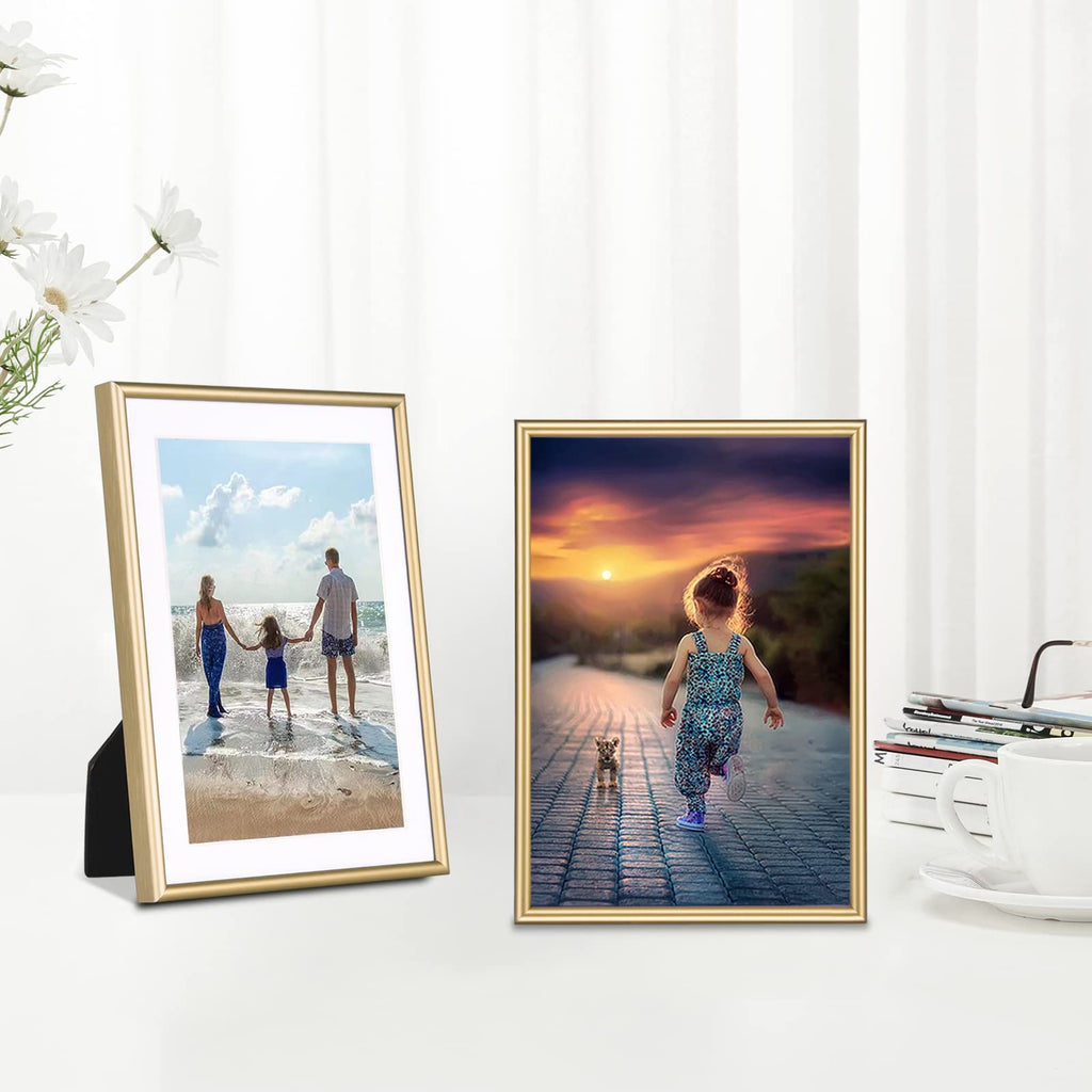 5x7 Picture Frame Set of 4, Matted Brass Simple Modern Brushed Thin Aluminum Metal Photo Frame Fits 3x5 and 4x6 with