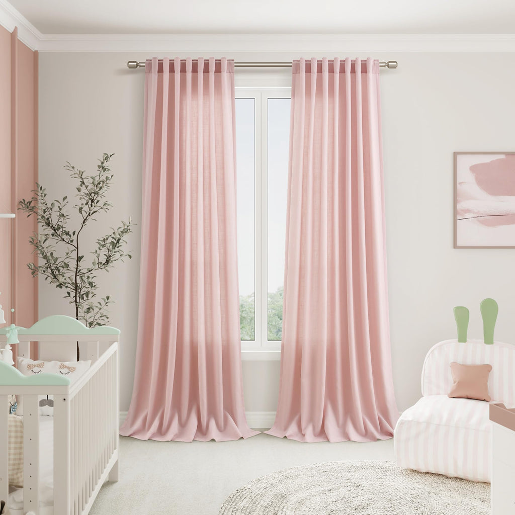 Pink Linen Curtains 96 Inches Long 2 Panels Set for Baby Girl Bedroom Back Tab Rod Pocket Semi Sheer Light Filtering