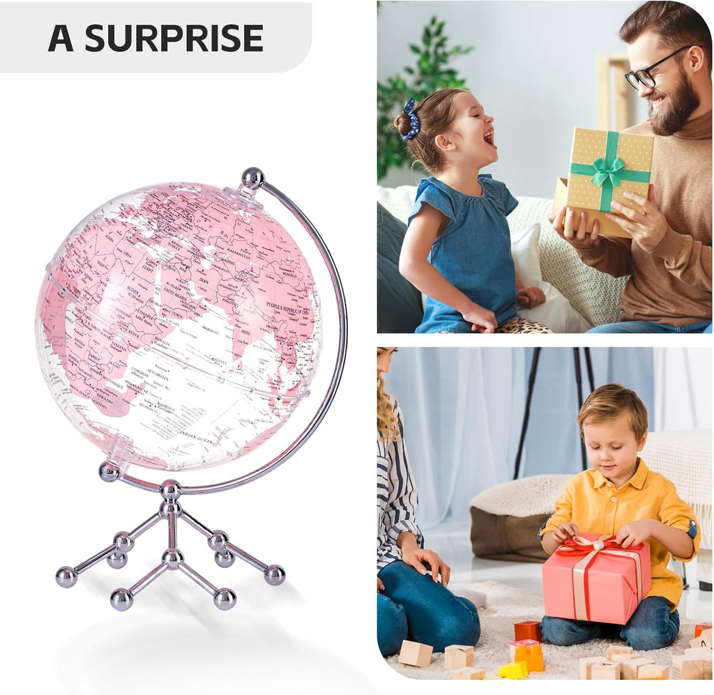 Decorative 8" Pink Earth Globe with Stand - Rotating Desktop Map for Kids, Educational World Globe with Detailed Map