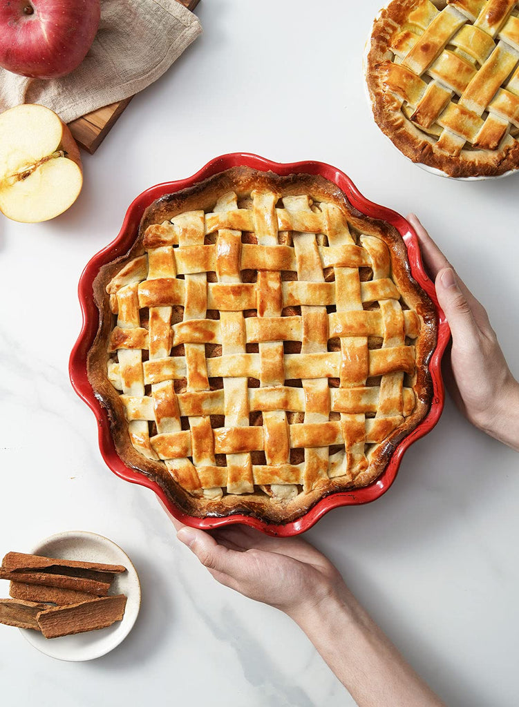 Ceramic Pie Pans for Baking, 11 Inches Deep Dish Pie Plate for Apple Pie, 48 Ounce Baking Dish with Ruffled Edge, Set